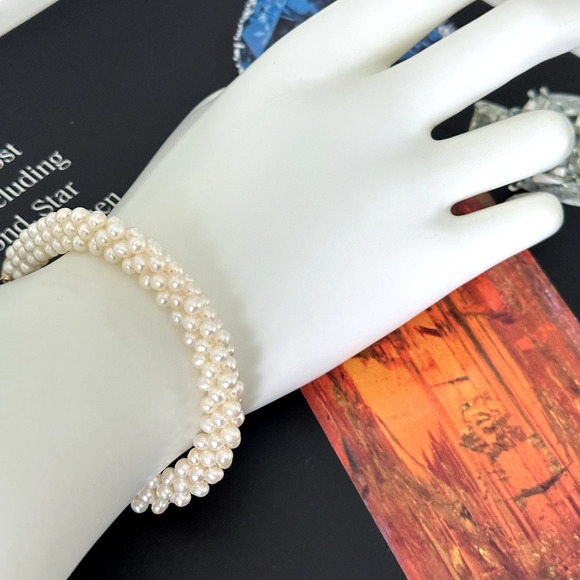 Vintage 14K Yellow Gold Genuine Real Pearl Multi Row Cluster Bracelet 7.75" - Picture 9 of 16